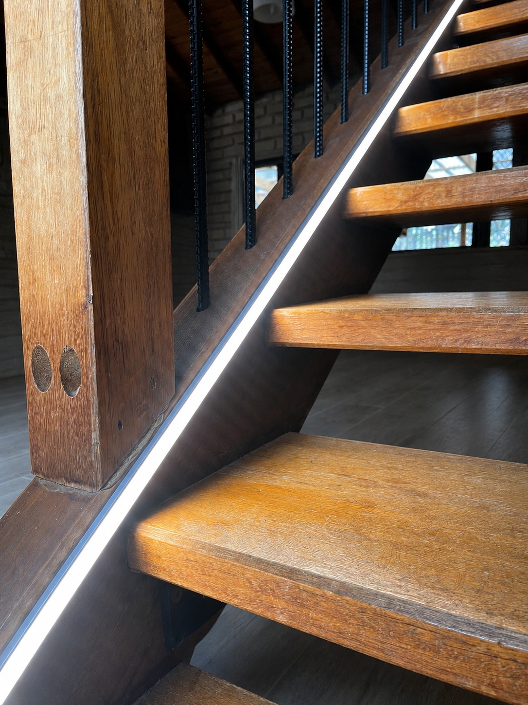 Timber staircase with a continuous LED strip running under the stringer and black steel balusters